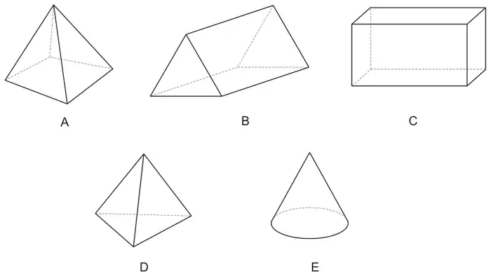 Diagram: five 3D shapes: A square-based pyramid, B triangular prism, C cuboid, D triangular-based pyramid, E cone