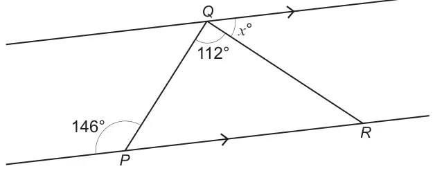 Two parallel lines; P on the lower line and Q on the upper line, R on the lower line; angle 146 degrees at P outside the triangle, angle PQR is 112 degrees, angle x degrees at Q between QR and the upper line