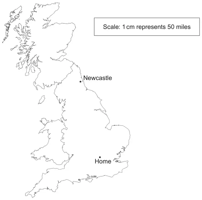 Map of Great Britain with points marked at Newcastle and Home (in the south-east of England); scale: 1 cm represents 50 miles