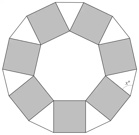 Diagram: a regular heptagon with a square on each side; between neighbouring squares are isosceles triangles; angle x degrees is a base angle of one triangle, between the triangle base and a square