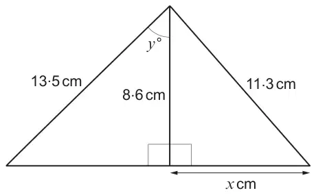 Diagram: two right-angled triangles sharing a vertical side of 8.6 cm; the left triangle has hypotenuse 13.5 cm and angle y degrees at the top; the right triangle has hypotenuse 11.3 cm and base x cm