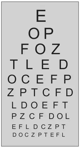 Eye test chart with ten lines of letters, each line smaller than the line above