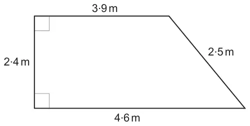 Diagram: right-angled trapezium with parallel sides 3.9 m and 4.6 m, perpendicular height 2.4 m and slanted side 2.5 m
