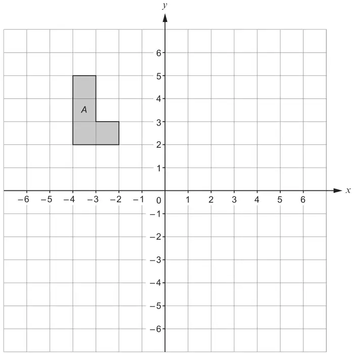 Diagram: coordinate grid from -6 to 6 on both axes, with L-shaped shape A with vertices (-4, 2), (-4, 5), (-3, 5), (-3, 3), (-2, 3), (-2, 2)