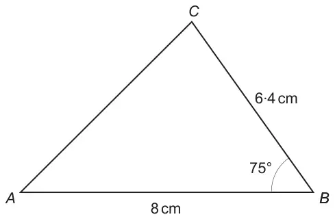 Diagram: sketch of triangle ABC with AB = 8 cm, BC = 6.4 cm and angle ABC = 75 degrees