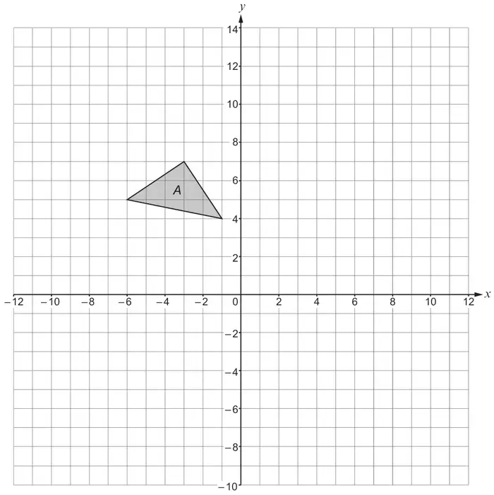 Coordinate grid with x from -12 to 12 and y from -10 to 14; triangle A has vertices (-1, 4), (-6, 5) and (-3, 7)