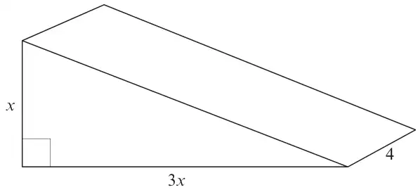 Triangular prism: the right-angled triangle cross-section has height x and base 3x, and the length of the prism is 4
