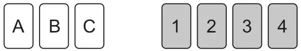 Seven cards: three letter cards A, B, C and four number cards 1, 2, 3, 4