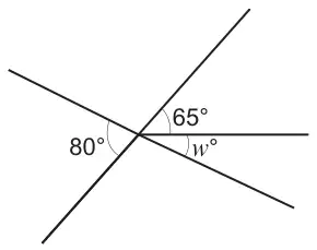 Three straight lines meeting at a point, with angles 80 degrees, 65 degrees and w degrees marked