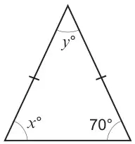 Isosceles triangle with the two sloping sides marked equal; base angles x degrees and 70 degrees, top angle y degrees