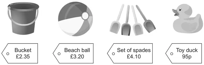 Pictures with price tags: Bucket £2.35, Beach ball £3.20, Set of spades £4.10, Toy duck 95p