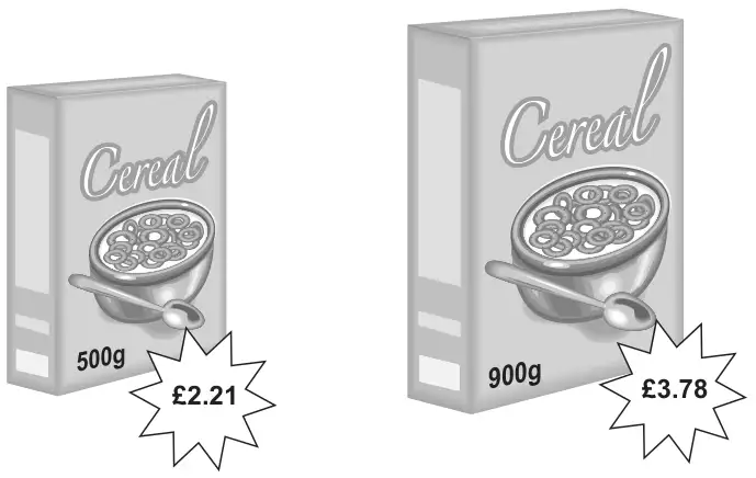 Two cereal boxes: a 500 g box priced £2.21 and a 900 g box priced £3.78