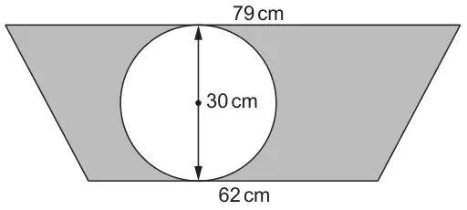 Diagram: a shaded trapezium with parallel sides 79 cm (top) and 62 cm (bottom), containing a white circle of diameter 30 cm touching both parallel sides