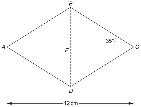 Diagram: rhombus ABCD with diagonals AC (12 cm) and BD meeting at E; angle BCE marked 35 degrees