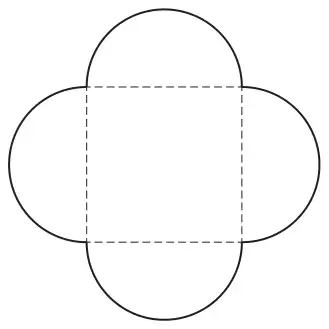 Diagram: a square (dashed sides) with a semi-circle on each of its four sides