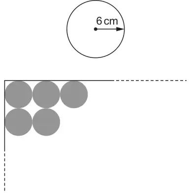 Diagram: a circle of radius 6 cm, and the top-left corner of the card with five circles cut out, three in the top row and two in the row below, each touching its neighbours and the edges