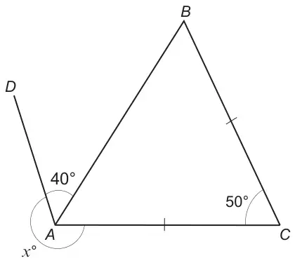 Diagram: triangle ABC with AC equal to BC, angle C is 50 degrees, line DA makes an angle of 40 degrees with AB, and the reflex angle at A outside the triangle is x degrees