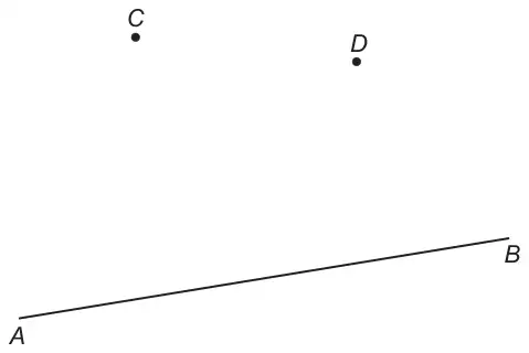 Diagram: a line segment AB, with point C and point D above it