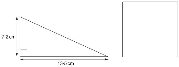 A right-angled triangle with the two shorter sides 7.2 cm and 13.5 cm, and a square