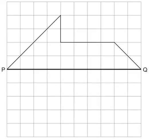 A square grid with a horizontal line PQ; half of a shape is drawn above PQ