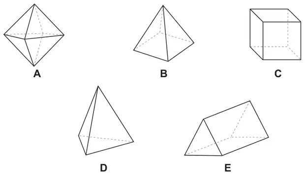 Five 3D shapes: A an octahedron, B a square-based pyramid, C a cube, D a triangular-based pyramid (tetrahedron), E a triangular prism
