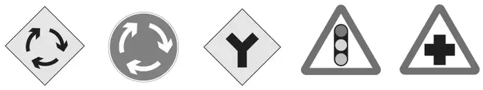 Five road signs: a diamond with three curved arrows, a circle with three curved arrows, a diamond with a Y junction, a triangle with traffic lights, a triangle with a cross