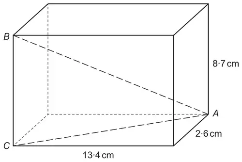 Cuboid 13·4 cm by 2·6 cm by 8·7 cm high; A, B and C are vertices, with AC across the base and AB a space diagonal