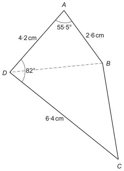 Quadrilateral ABCD with AD = 4·2 cm, AB = 2·6 cm, DC = 6·4 cm, angle DAB = 55·5°, angle ADC = 82°, and a dashed line DB