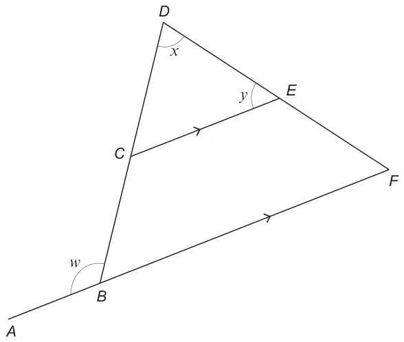 Triangle BDF with C on DB and E on DF; CE is parallel to ABF, where A lies on FB extended beyond B. Angle x at D, angle y is angle DEC, angle w is the angle between AB and BD