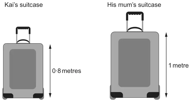 Kai's suitcase with height 0.8 metres and his mum's suitcase with height 1 metre