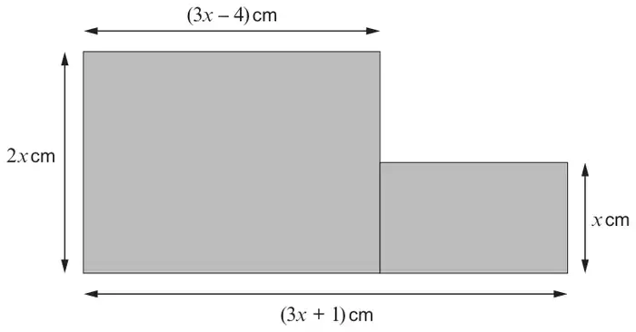 Composite shape: a rectangle of width (3x - 4) cm and height 2x cm joined to a shorter rectangle of height x cm on its right; the total base length is (3x + 1) cm