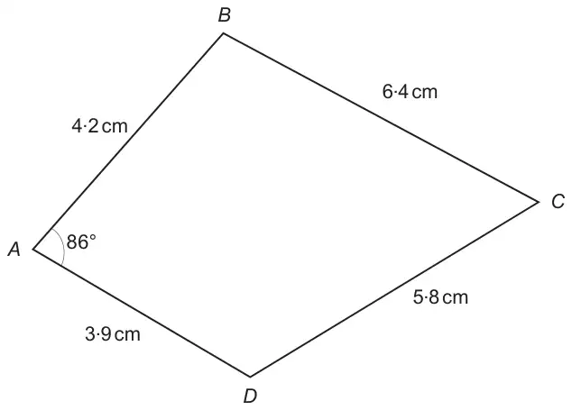 Quadrilateral ABCD with AB = 4.2 cm, BC = 6.4 cm, CD = 5.8 cm, DA = 3.9 cm and angle DAB = 86 degrees