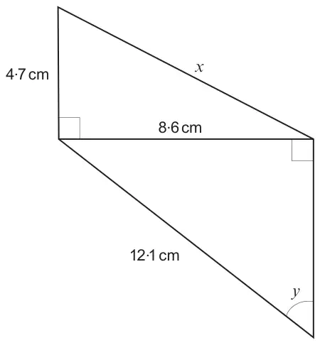 Two right-angled triangles sharing a horizontal side of 8.6 cm: the upper triangle has a vertical side of 4.7 cm and hypotenuse x; the lower triangle has hypotenuse 12.1 cm and angle y at its bottom vertex, opposite the 8.6 cm side