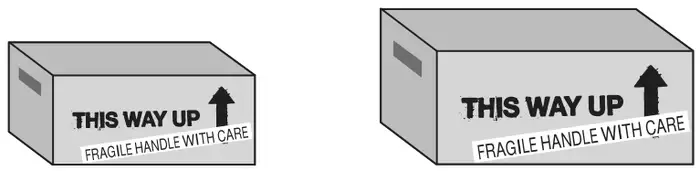 Two mathematically similar packing boxes, labelled THIS WAY UP and FRAGILE HANDLE WITH CARE
