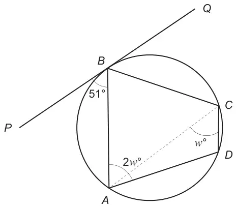 Circle through A, B, C and D with tangent PQ at B; angle PBA = 51°, angle ACD = w°, angle BAD = 2w°