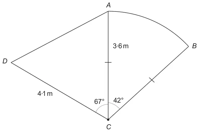 Stage ABCD: sector ABC with centre C, radius CA = CB = 3·6 m and angle ACB = 42°; triangle ACD with CD = 4·1 m and angle ACD = 67°