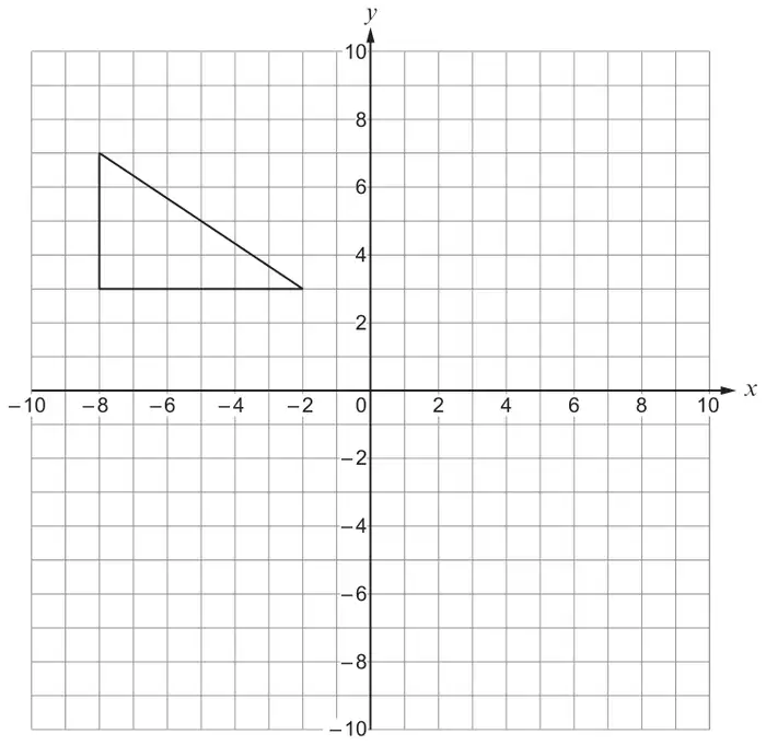 Grid with x and y from −10 to 10 showing a right-angled triangle with vertices (−8, 3), (−8, 7) and (−2, 3)