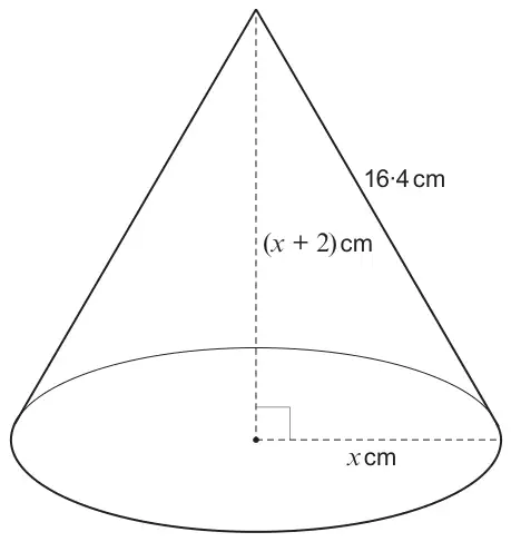 Cone with perpendicular height (x + 2) cm, base radius x cm and slant height 16·4 cm