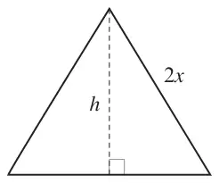 Equilateral triangle with side 2x and a dashed vertical height h meeting the base at a right angle