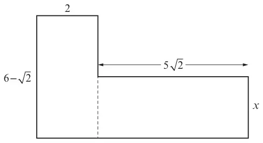 Shape made from two rectangles: a tall rectangle of width 2 and height 6 − √2 on the left, joined to a rectangle of length 5√2 and height x on the right, sharing the bottom edge