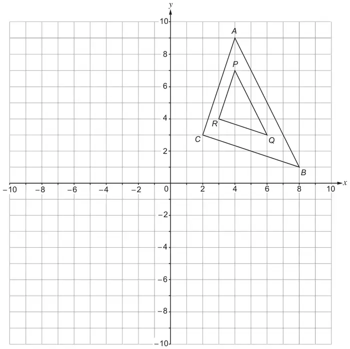 Grid with x and y from −10 to 10 showing triangle ABC with A(4, 9), B(8, 1), C(2, 3) and triangle PQR with P(4, 7), Q(6, 3), R(3, 4)