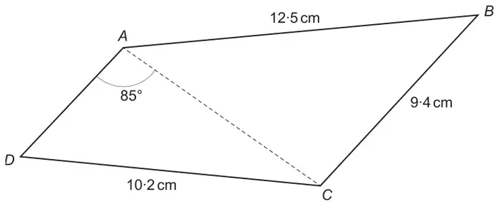 Quadrilateral ABCD with diagonal AC dashed; AB = 12·5 cm, BC = 9·4 cm, DC = 10·2 cm and angle DAC = 85°