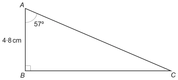 Right-angled triangle ABC with the right angle at B; AB = 4·8 cm and angle BAC = 57°