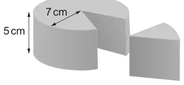 Cylinder of cheese, radius 7 cm and height 5 cm, with a wedge cut out and shown beside it