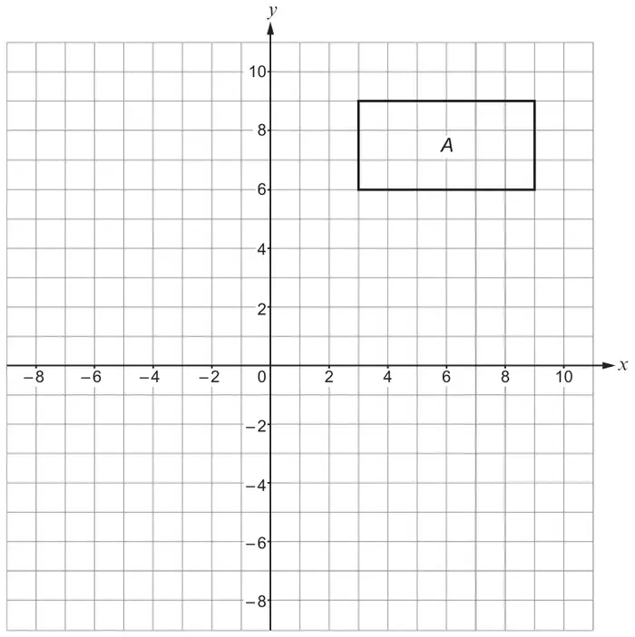 Coordinate grid from −8 to 10 on both axes with rectangle A with vertices (3, 6), (9, 6), (9, 9) and (3, 9)