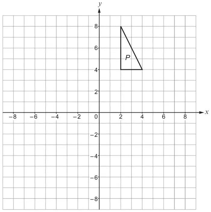 Coordinate grid from −8 to 8 on both axes with triangle P with vertices (2, 4), (4, 4) and (2, 8)