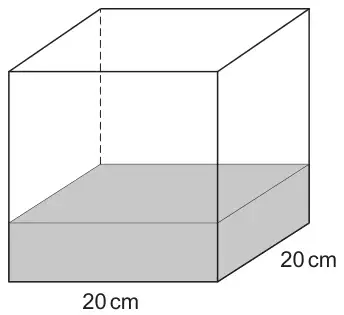 Cuboid tank with a square base 20 cm by 20 cm, partly filled with liquid