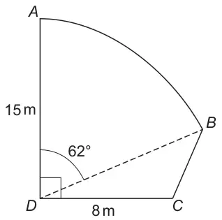Sector ABD of a circle with centre D, radius DA = 15 m vertical, angle ADB = 62°; triangle BCD with DC = 8 m horizontal; right angle at D between DA and DC; DB dashed