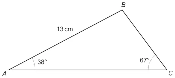Triangle ABC with AB = 13 cm, angle BAC = 38° and angle BCA = 67°