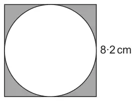Square of side 8·2 cm with a circle touching all four sides; the four corner regions outside the circle are shaded